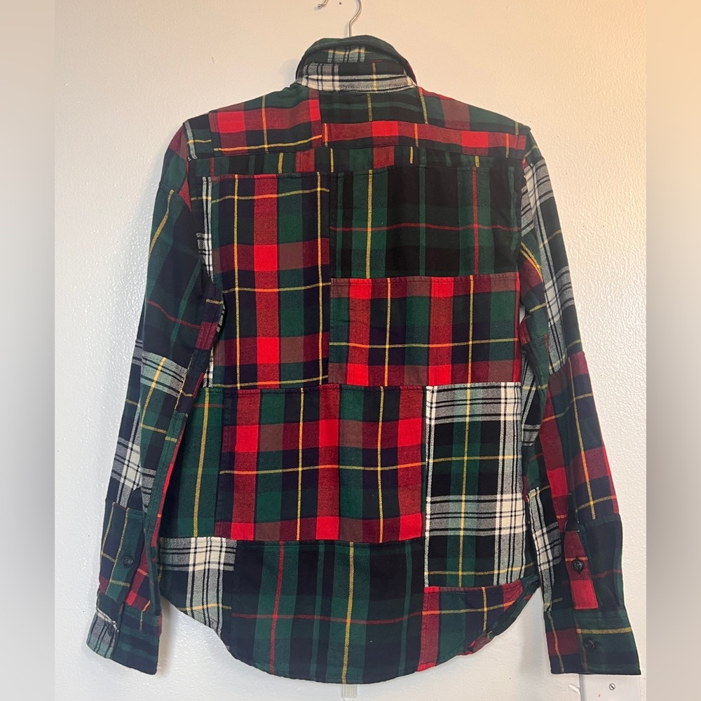 Women's patchPlaid Button Down Shirt - Red, Green, Black - Picture 7 of 14